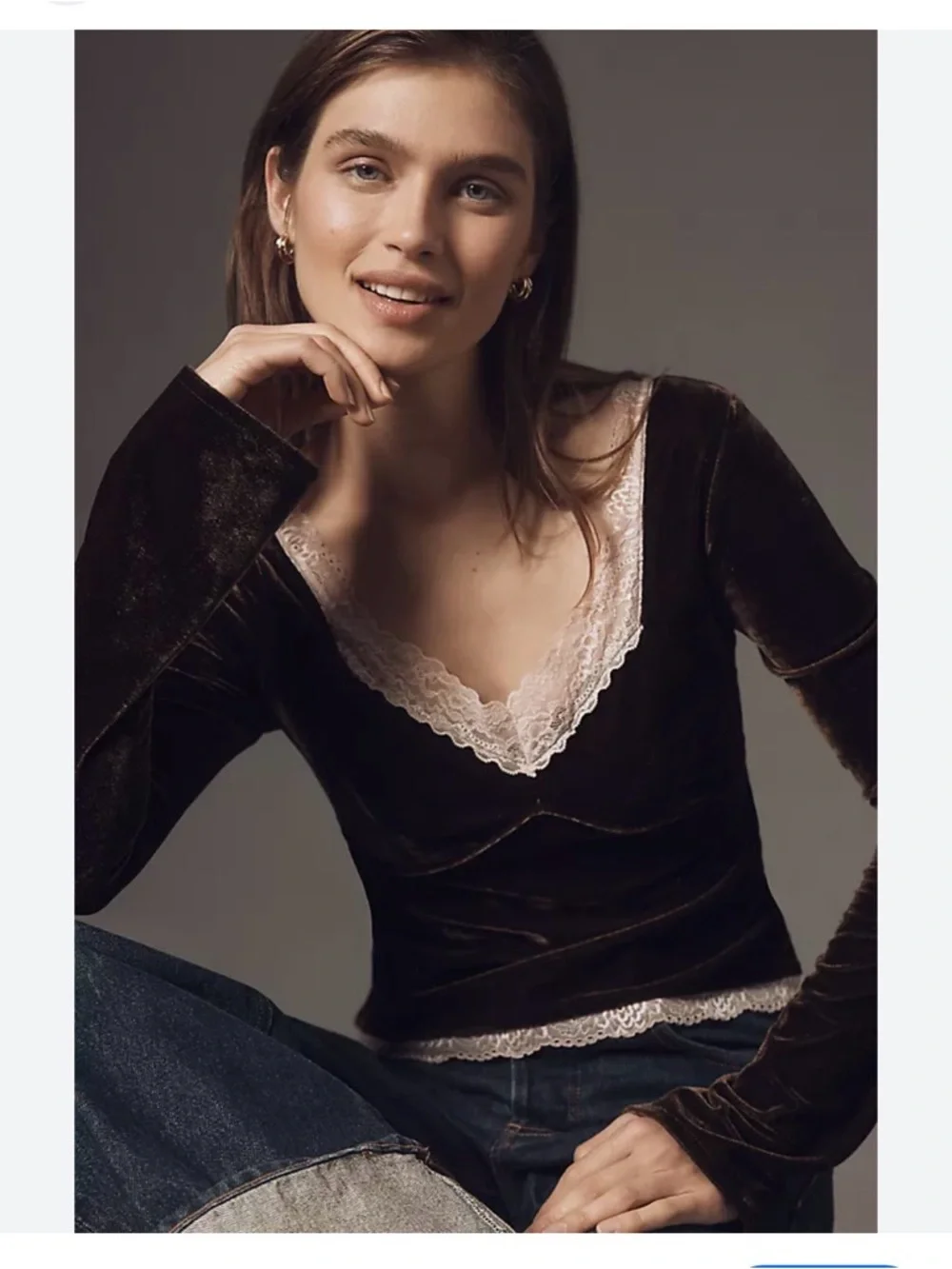 NWT Anthropologie Velvet Lace V-Neck Blouse Top XL $78 Chocolate Brown Pink